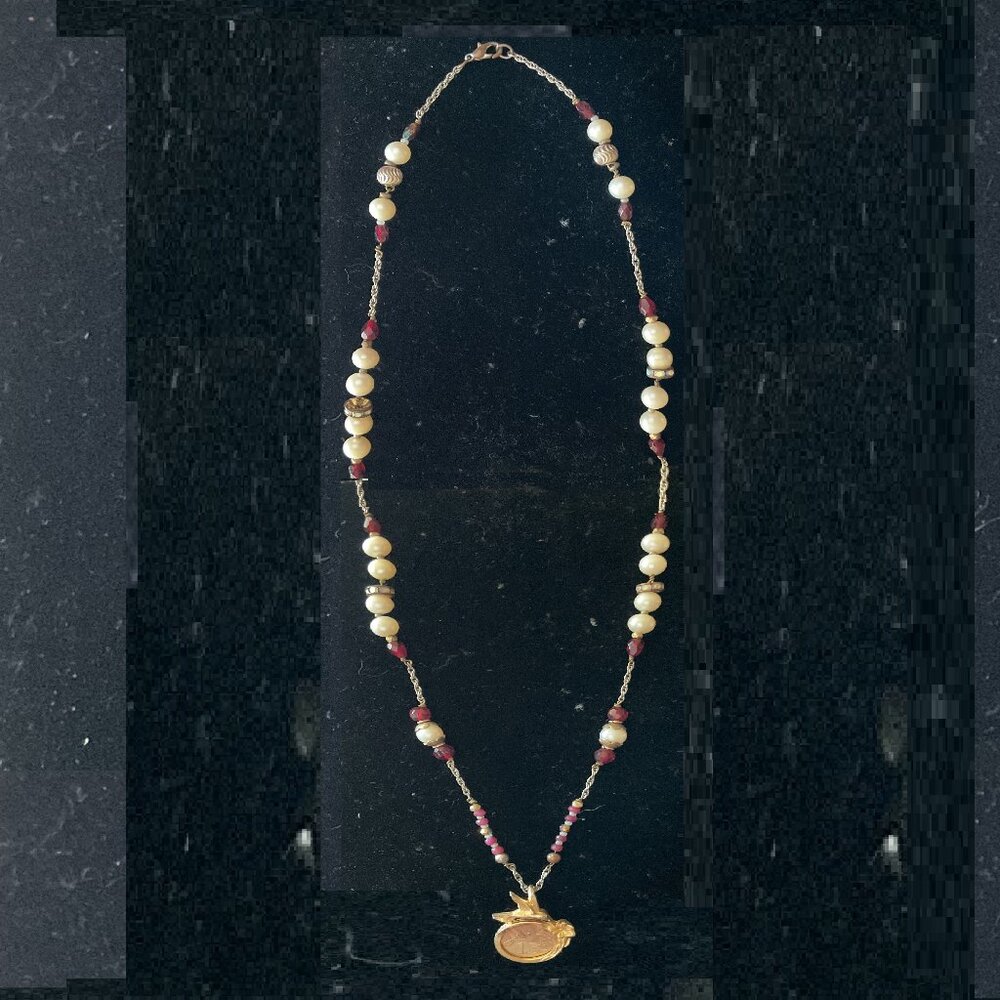 24" Republic of Trinidad hummingbird 24kt coin, ruby & freshwater pearl necklace